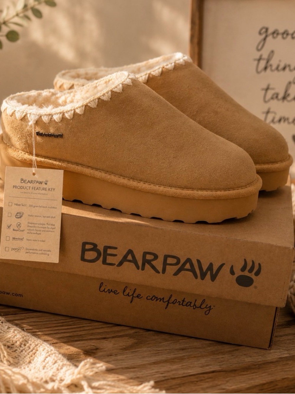 BearPaw Tan Suede Sherpa-Lined Slip-On Clogs